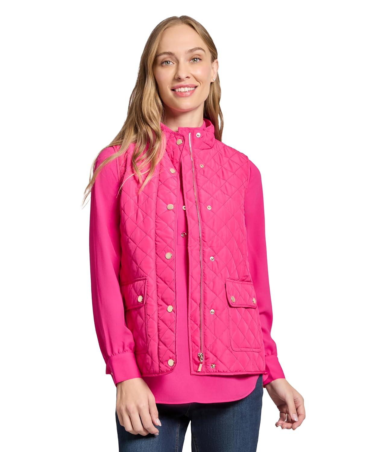 Jones New York womens Quilted Patch Pocket Vest W Snaps Zipp