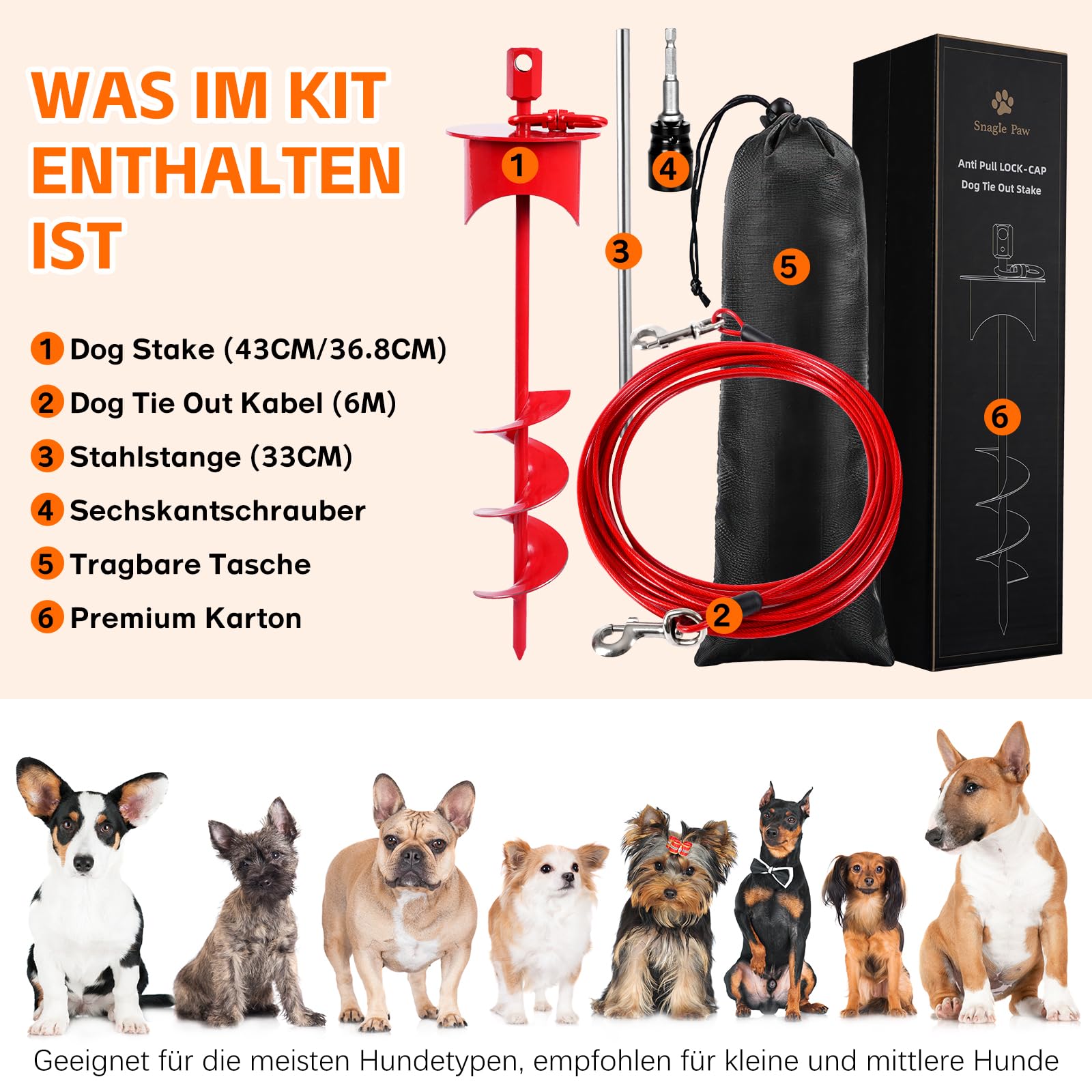 Bodenanker Hund mit Lock-Cap Verhindert das Herausziehen, 6M Leine withBodenanker Hund für Draußen,Hof,Strand&Camping,Rostfreie Anlegepflock für Hunde Groß für Hundekabel, bis zu 250lbs