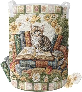 Cute Cat Quilted Laundry Basket with Handles, Collapsible Hampers | Vintage Kitten & Book Storage Baskets, Shasta Daisy Floral Storage Hamper, Home Decor Organizer for Nursery Room & Pet Room