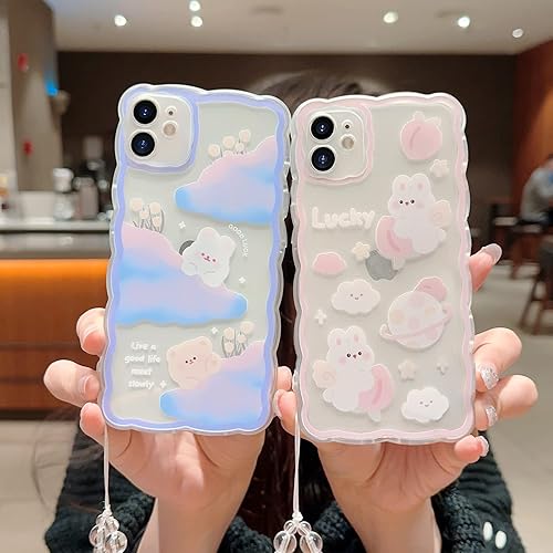 Miniatura 4 de Funda compatible con iPhone 11, bonita funda de dibujos animados de conejo melocotón con bonito diseño de cadena para mujeres y niñas, funda