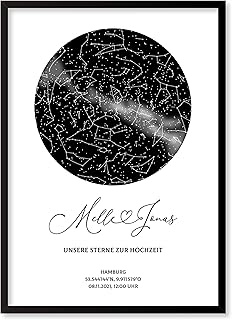 Personalisierte Sternenkarte - Sternenhimmel Poster - Die Sternenkarte vom Wunschdatum mit Wunschtext - Personalisiertes Geschenk - Valentinstag, Hochzeit, Verlobung (Rahmen optional)