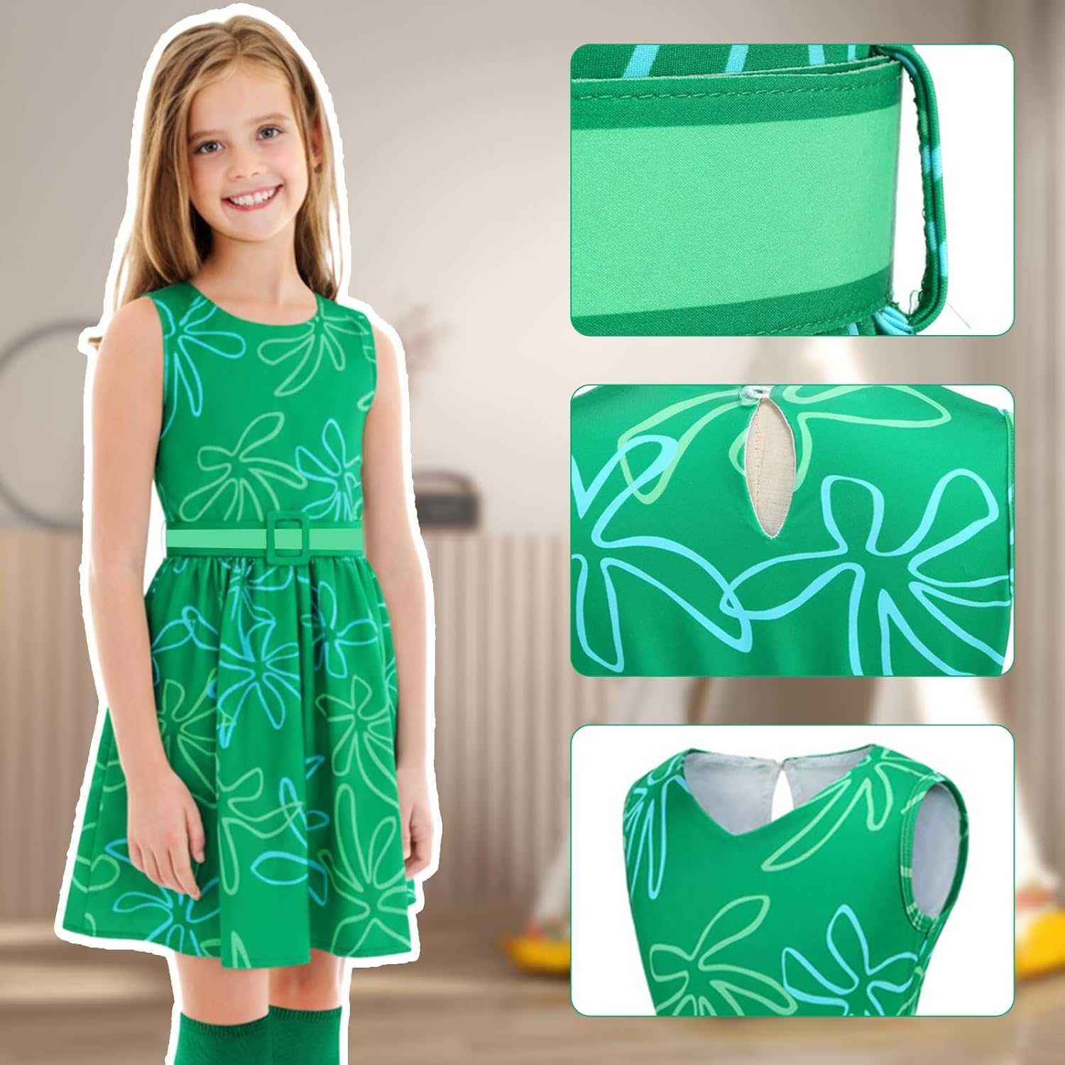 Girls Green Disgust Costume Kids Joy Cosplay Dress up Halloween Birthday Christmas Outfits with Wig - Image 4