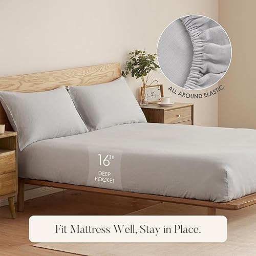 Miniatura 10 de DAPU Funda de colchón 100% lino francés (1 pieza) con bolsillo profundo de 16 pulgadas, lino francés natural puro de Normandía, ultra suave,
