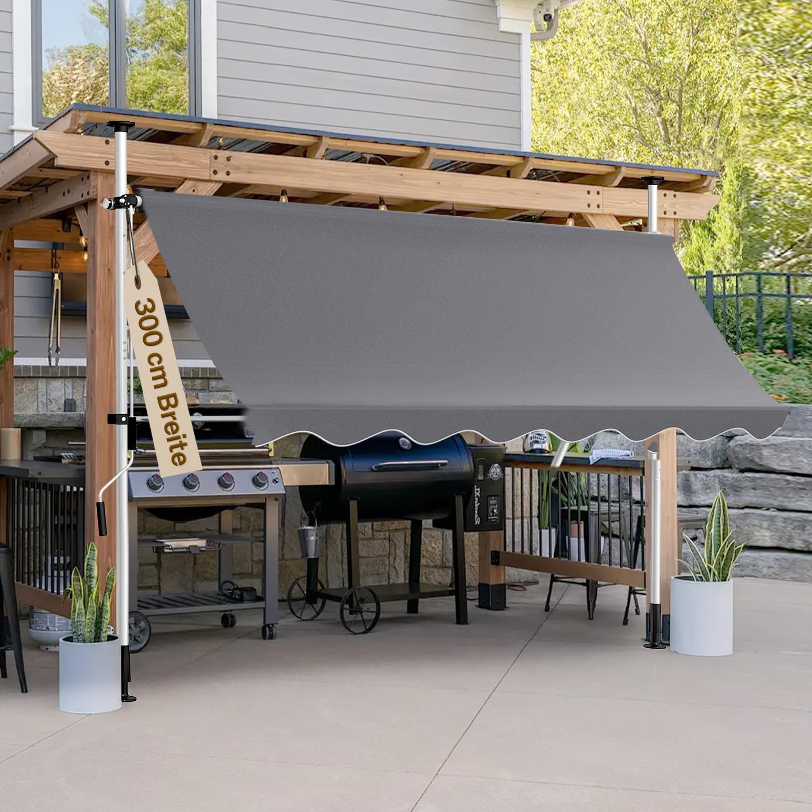 Klemmmarkise Sonnenschutz, Dein Flexibler Schattenspender, Markise Balkon ohne Bohren 300 cm Breit, Markise Balkon Höhenverstellbar & Winkelverstellbar & UV-beständig & Wetterfest (Anthrazit)