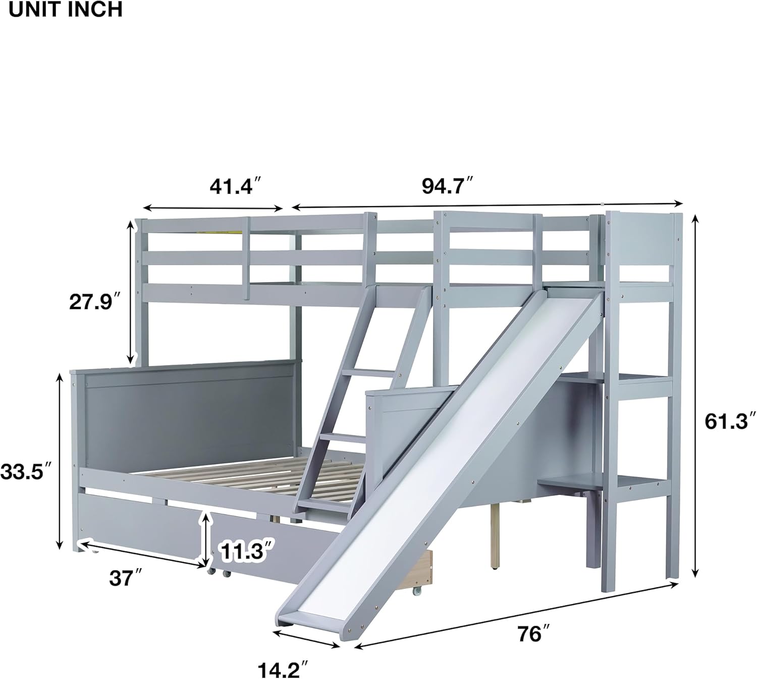 Twin Over Full Bunk Bed with Slide & 2 Drawers for Boys,Girls Bedroom,Rubber Wood Bed Frame W/Storage Shelves for Adult,Teenagers,No Box Spring Needed, Grey