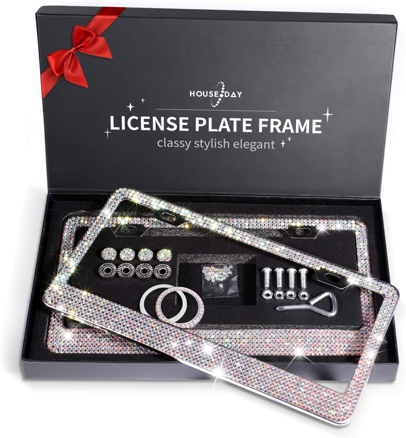 License Plate Frame Stainless Steel Metal License Plate Cover Bling Glitter Diamond Car License Plate Holder with Premium Gift Box Luxury Shiny Handmade Rhinestones (AB Rhinestones)