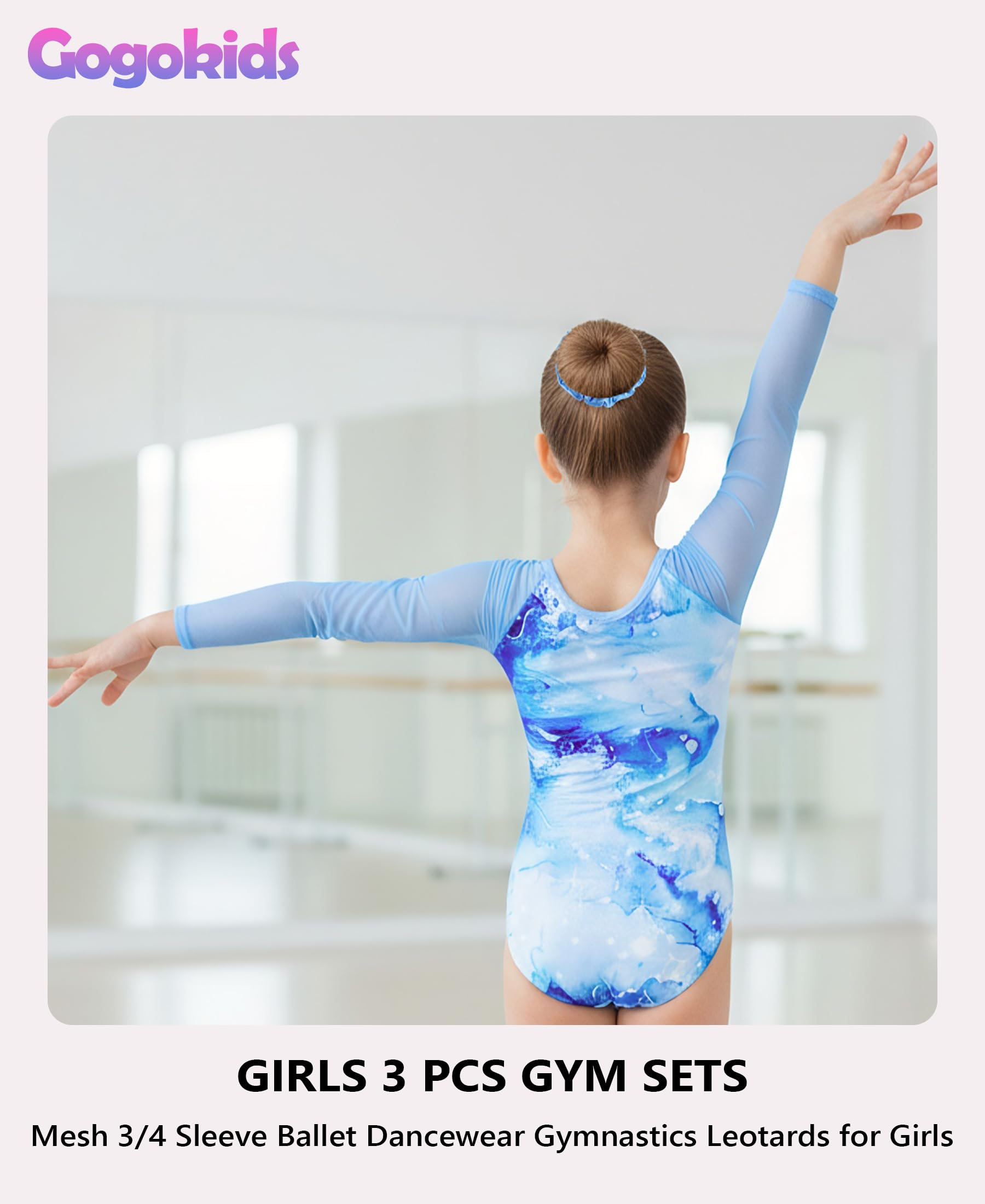 Gogokids Mädchen 3-teilige V-Ausschnitt Turnanzüge, 3/4-Arm Turnoutfit mit Netz Splicing Design, Funkelnde Turnbekleidung für Mädchen mit Shorts und Haarband für Alter 3-12 und als Turngeschenk