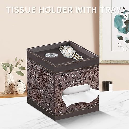Miniatura 2 de Funda cuadrada para caja de pañuelos con bandeja de almacenamiento, soporte de caja de pañuelos de piel sintética, soportes decorativos para