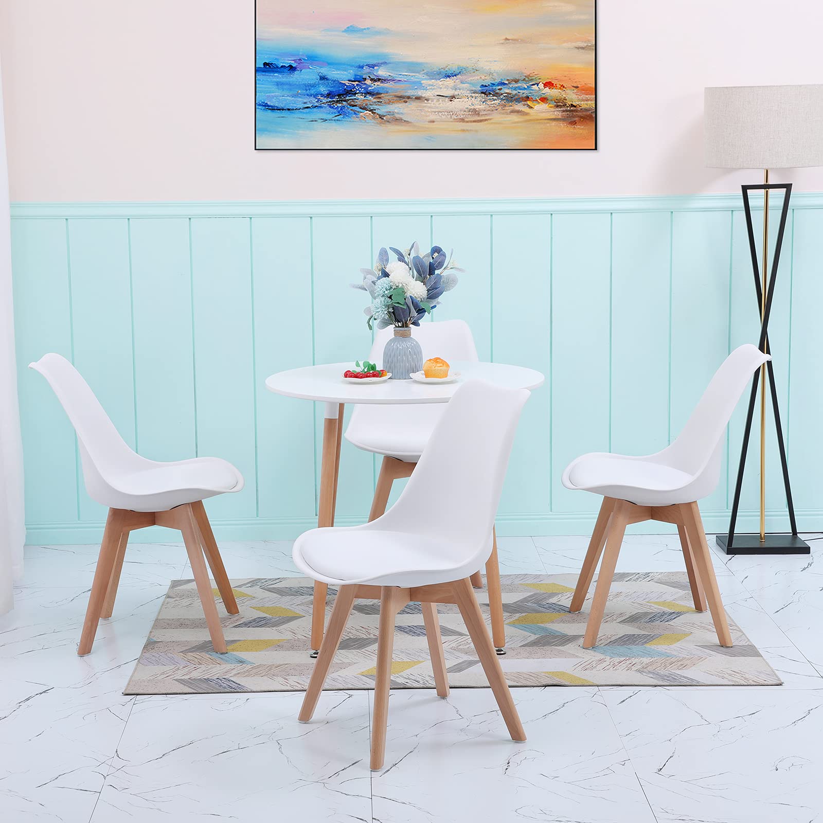EGGREE Set tavolo con 4 sedie scandinavo, tavolo da pranzo rotondo in legno, 80 cm e sedie da cucina, colore: bianco