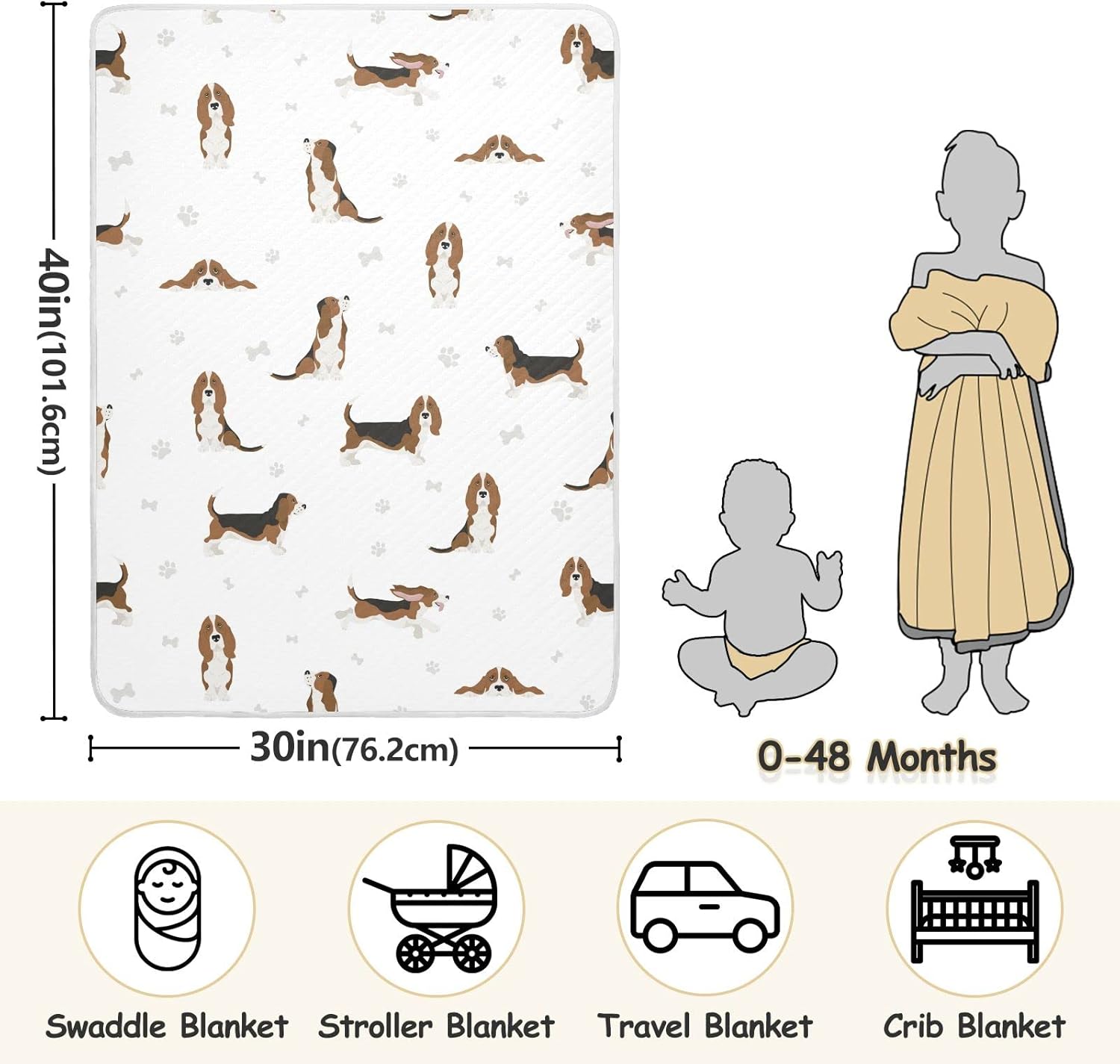Ollabaky Basset Hound Dog Baby Blanket for Boys Girls Cotton Throw Blanket Swaddle Blanket for Crib Stroller Nursery Receiving Blanket Infant Toddler Unisex 30"x40"