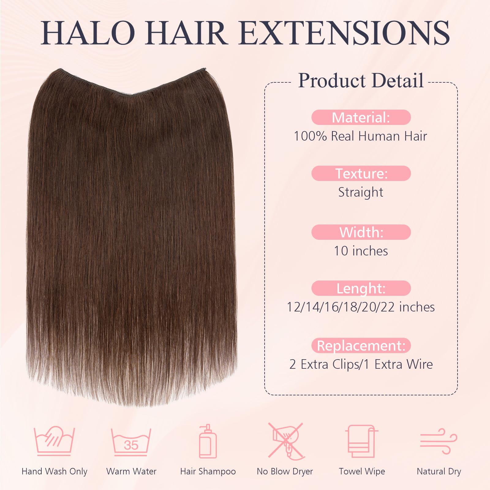 18 Inch Real Human Hair Halo Extensions with Invisible Wire and Clips Wavy Hair Human Hair Extensions 18 Inch Clip Halo Hair  main image 4