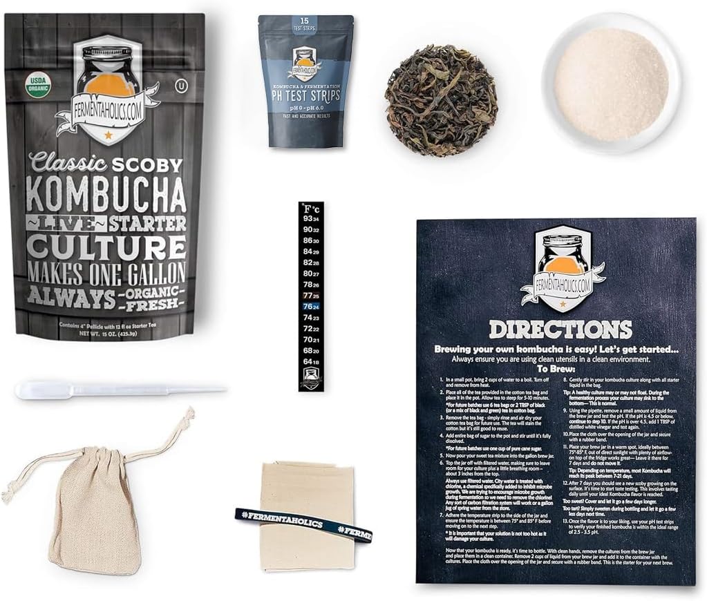 1-Gallon Kombucha Brewing Starter Kit | USDA Organic Kombucha SCOBY- Pellicle With 1.5 Cups Starter Tea | Organic Sugar | Organic Tea Blend| Thermometer | pH Strips | Breathable Cover and Rubber Band