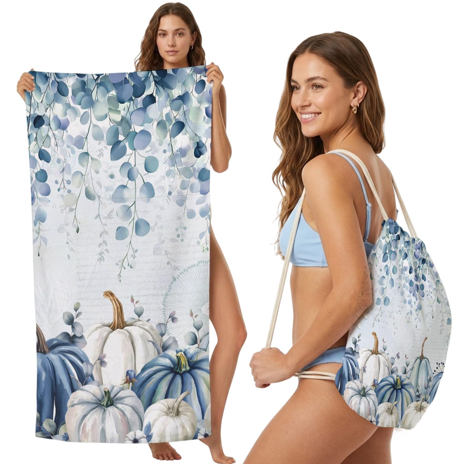 FWJZDSP 2-in-1 Beach Towel Backpack,Thanksgiving Blue Pumpkins Bath Towel with Built-in Storage Eucalyptus Leaf on Letter Convertible Foldable Beach Blanket for Travel Pool Gym Camping Swim,31x63in