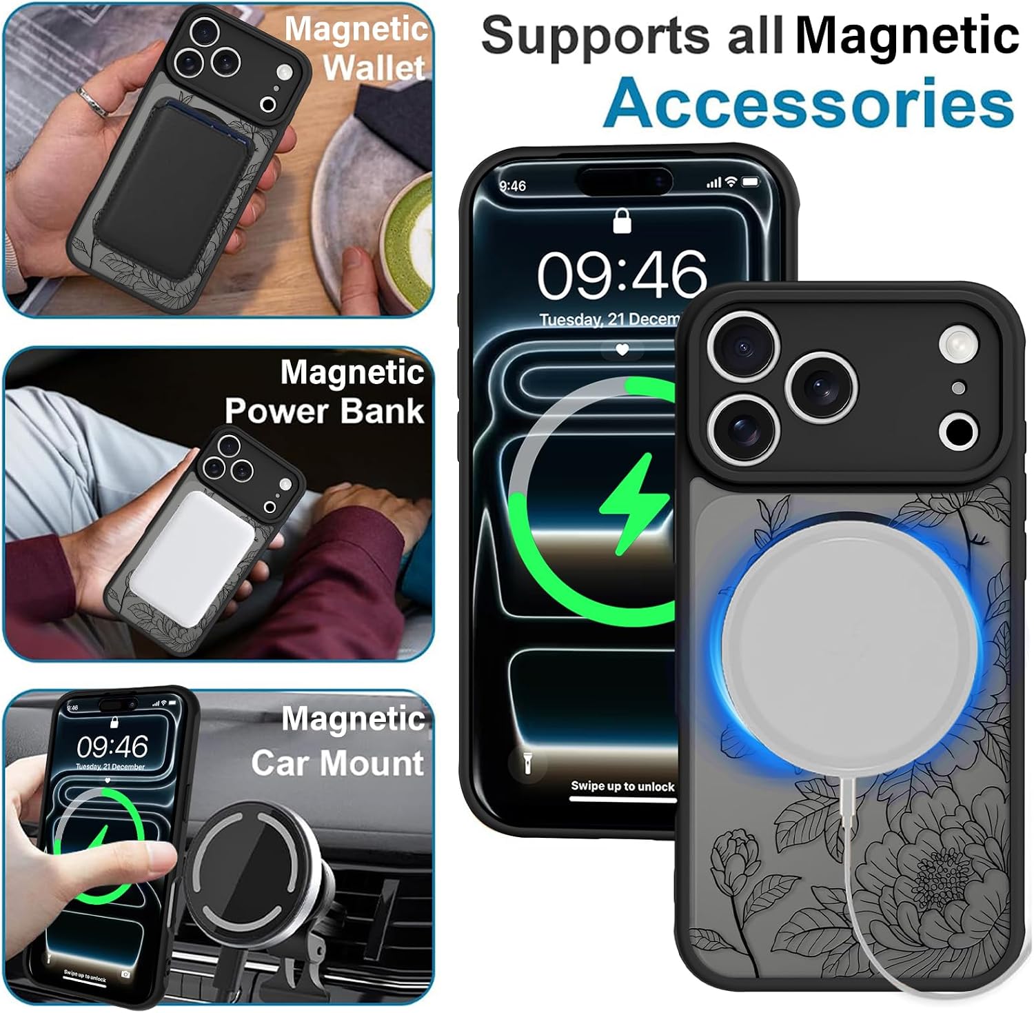 MZELQ Magnetic Case for iPhone 17 Pro Max 6.9 Inch, Clear Peony Floral [Compatible with Magsafe Charging] Translucent Matte Hard Shockproof Camera Protection Cover for Women Men, Frosted Black