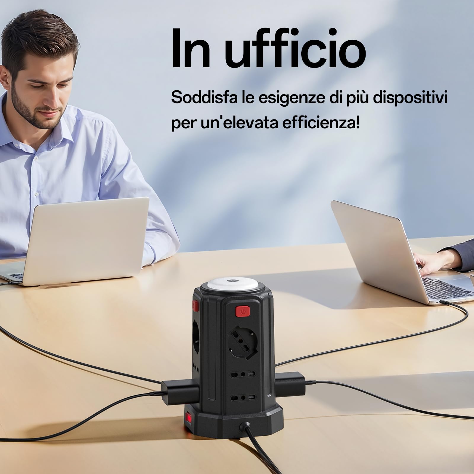 Regleta eléctrica de 2 m con luz nocturna, 12 tomas universales 10/16 A ITA y Schuko y 3 USB A+1 USB C protección contra sobretensión con 4 interruptores independientes para la oficina, el hogar