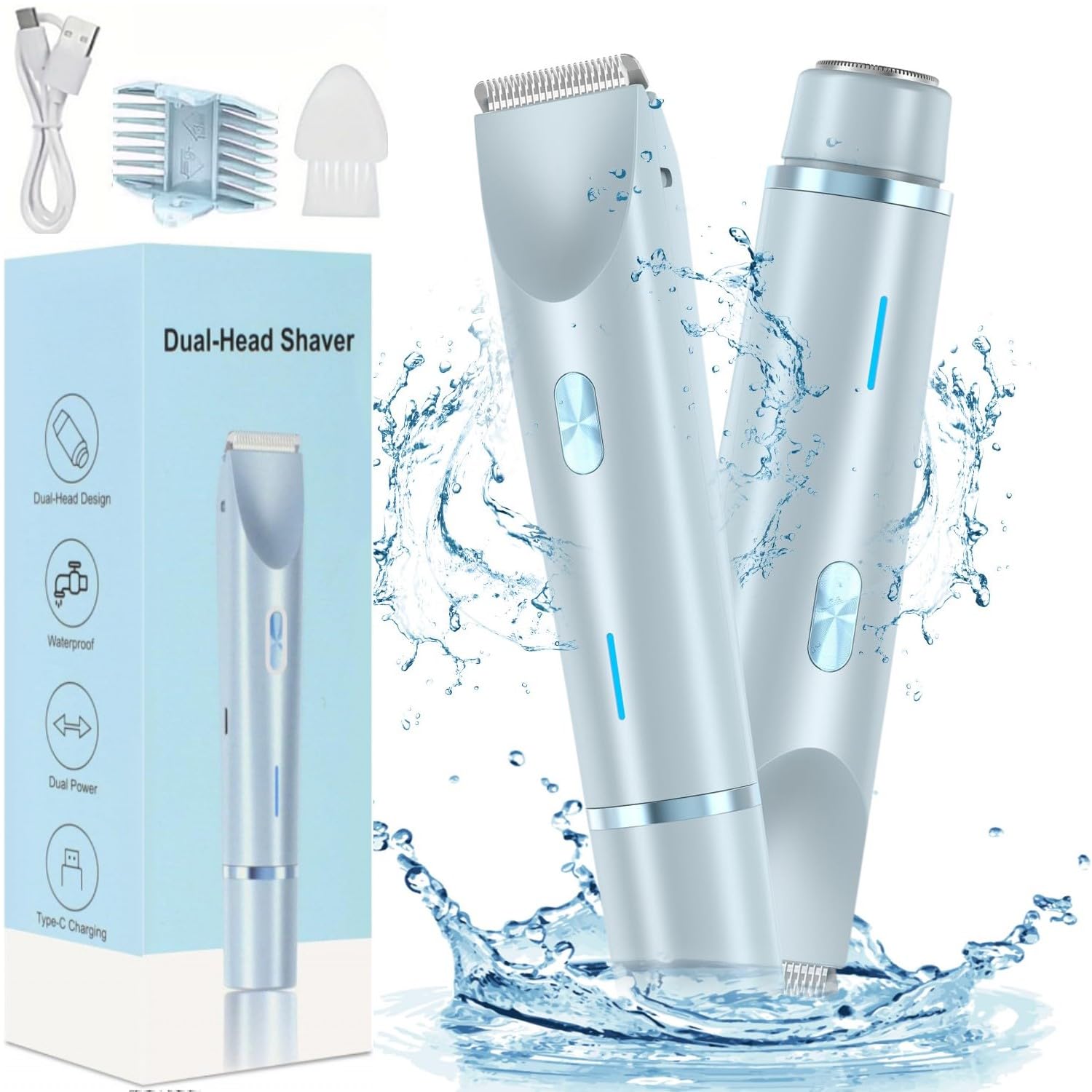 Rasoio elettrico da donna 2 in 1 e trimmer, Rasoio Intimo Donna a Secco Bagnato Damen Rasierer, Senza fili, Impermeabile, Ricaricabile, Indolore Rasoio Parti Intime per Bikini, Ascelle, Braccio(Blu)