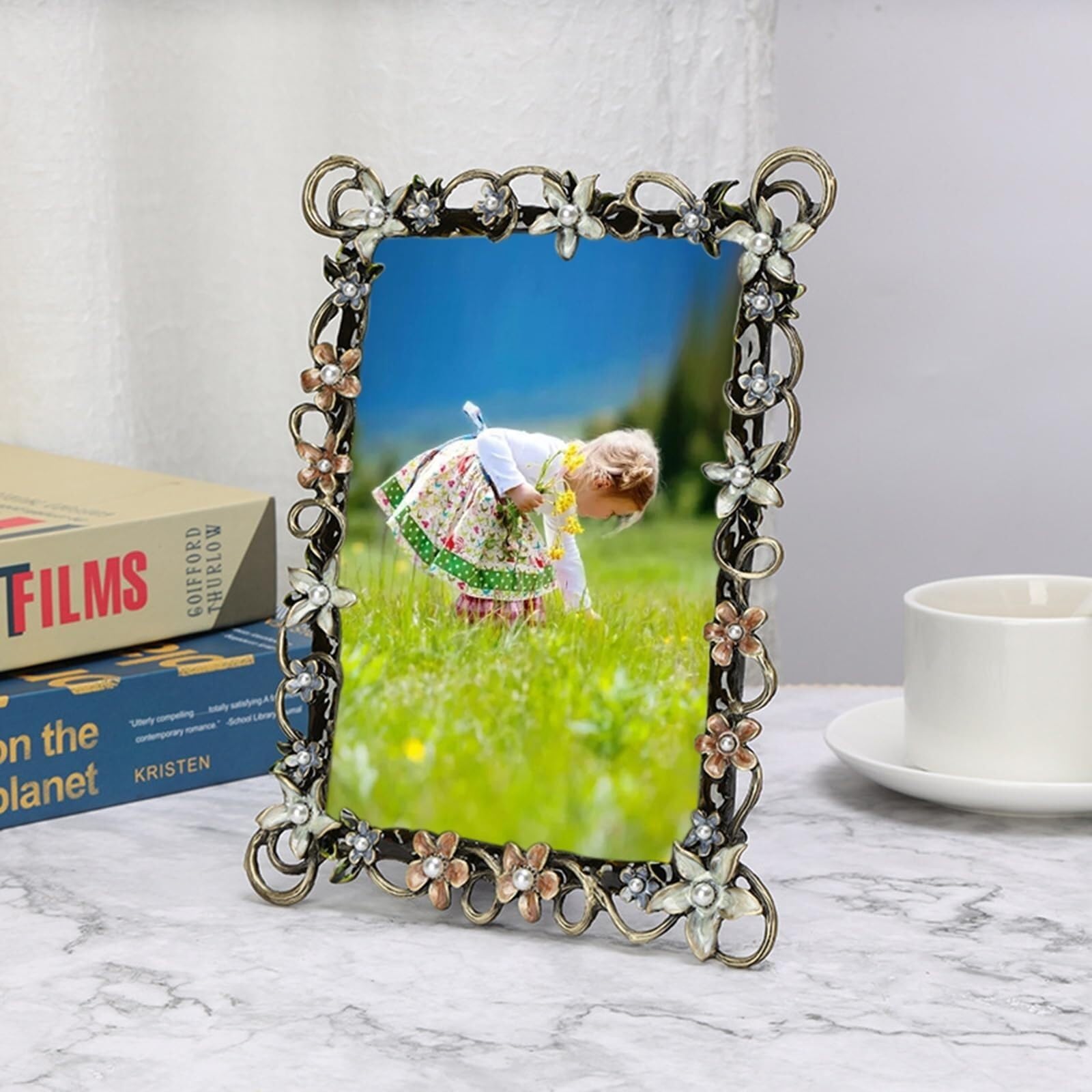 Unikalna ramka na zdjęcia 5 x 7 cm, metalowa ramka na zdjęcia w stylu vintage, zdjęcie kwiatowe w stylu retro, prostokątny, pionowy blat, prezenty do gospodarstwa domowego (15 x