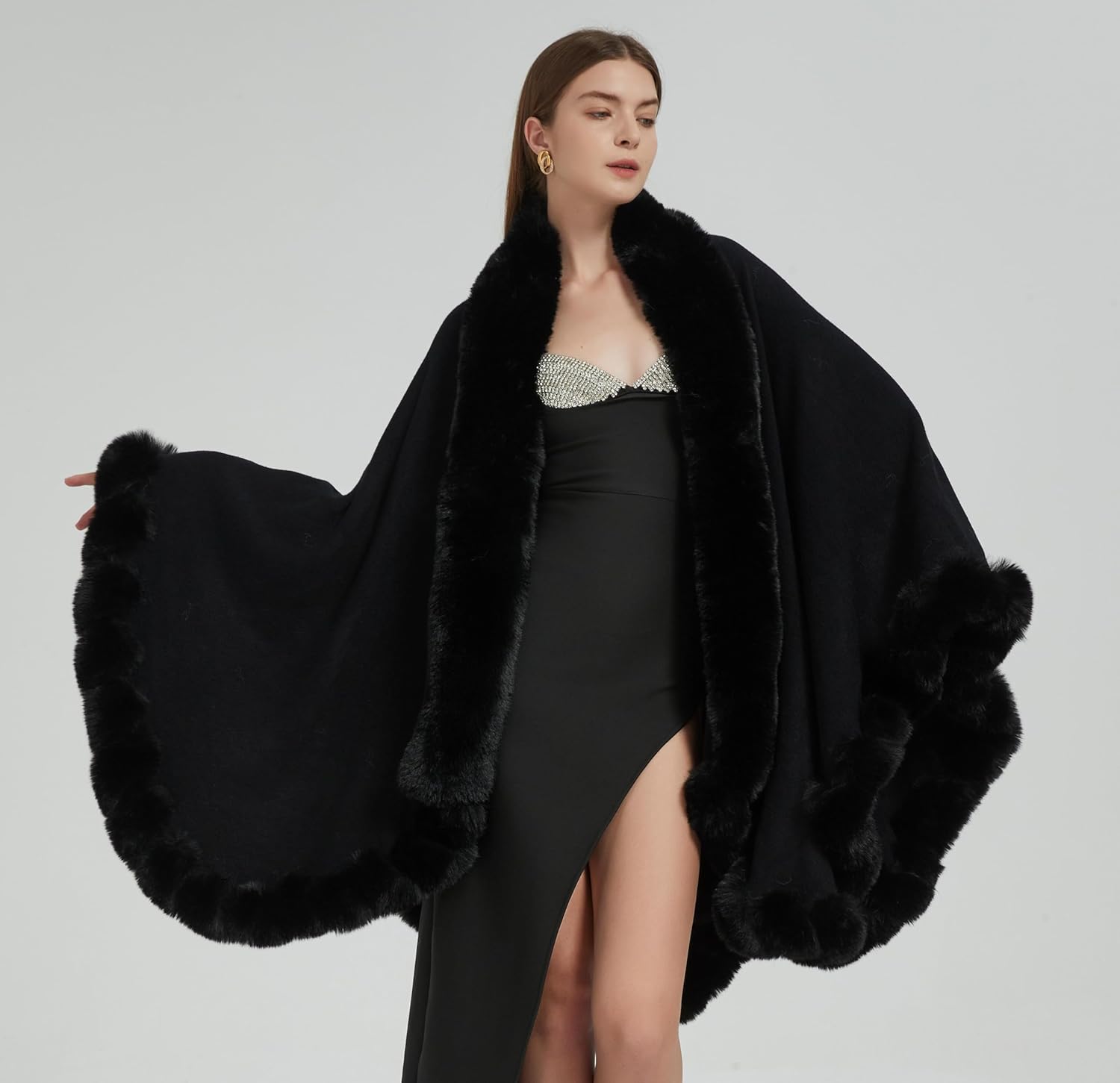 Faux Fox Fur Trim Cardigan Cloak Shawl Wraps Winter Poncho Oversized Cape - Image 2