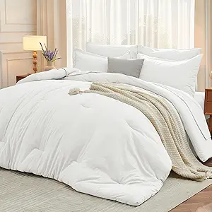 MUXHOMO 7 Pieces King Comforter Set, Soft Bed in a Bag King Size, All Season Bedding Set with Comforter, Flat Sheet, Fitted Sheet, Pillowcases & Shams, White