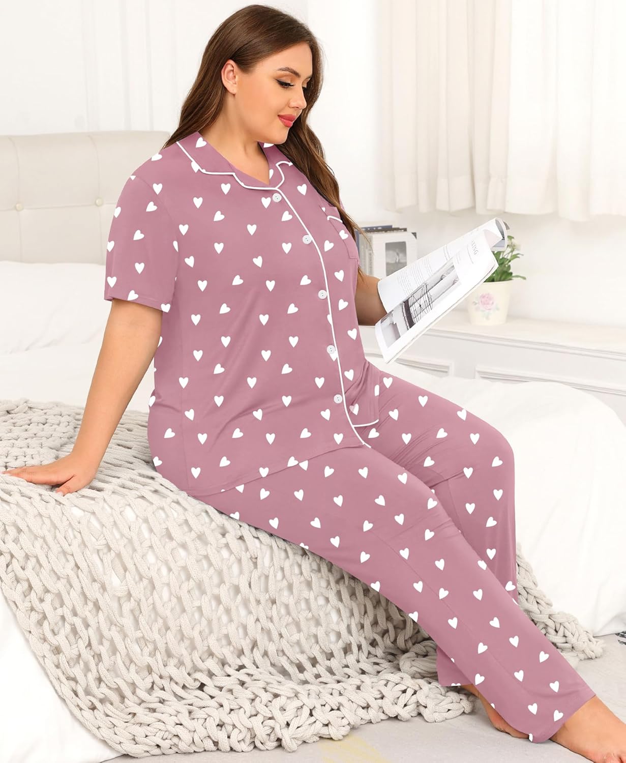 SWOMOG Women's Plus Size Pajama Set Short Sleeve Sleepwear Top and Pants Button Up Pajamas for Women Loungewear - Image 5