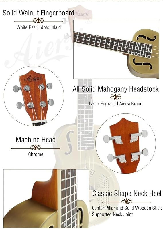 F Holes Matt Satin Brass Body Resonator Ukulele Matt Finish Ukulele Bundle Kit