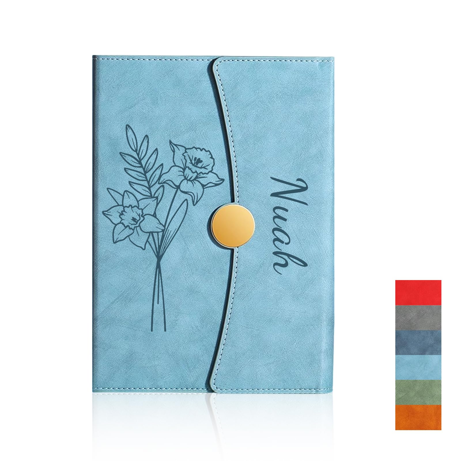 Personalized Notebook with Engraved Name & Birth Month Flowers โ Premium Faux Leather Classic Journal for Birthday, Graduation, Christmas, 200 Numbered Pages, 15 x 21 cm (Lightblue)