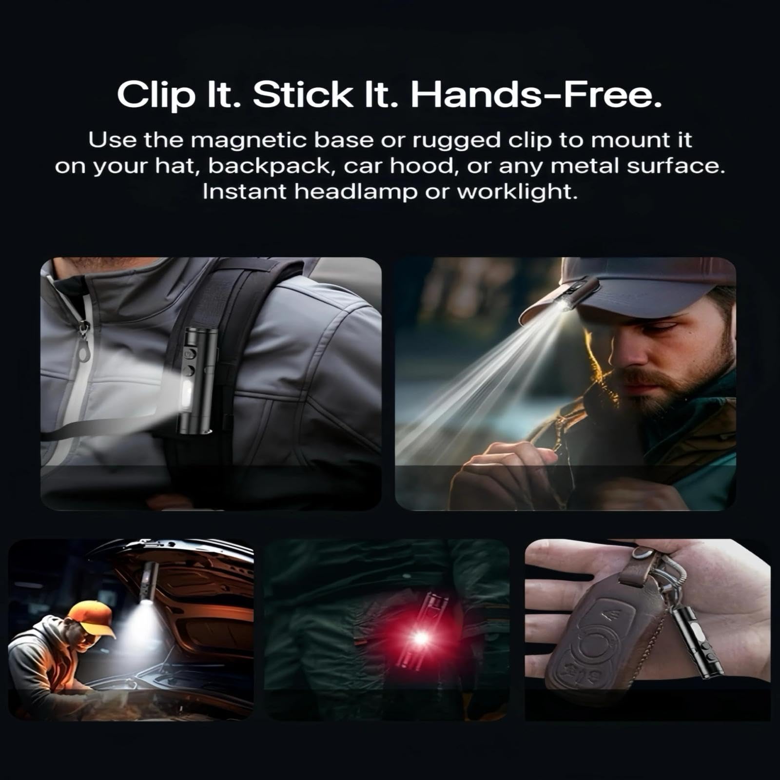 Mini - The Ultimate Everyday Micro Tool, Fingertip Sized Rechargeable Led Magnetic Super Bright Tactical High Lumens Flash with Hat Clip with Hat Clip, Waterproof, 3 Brightness (Black)