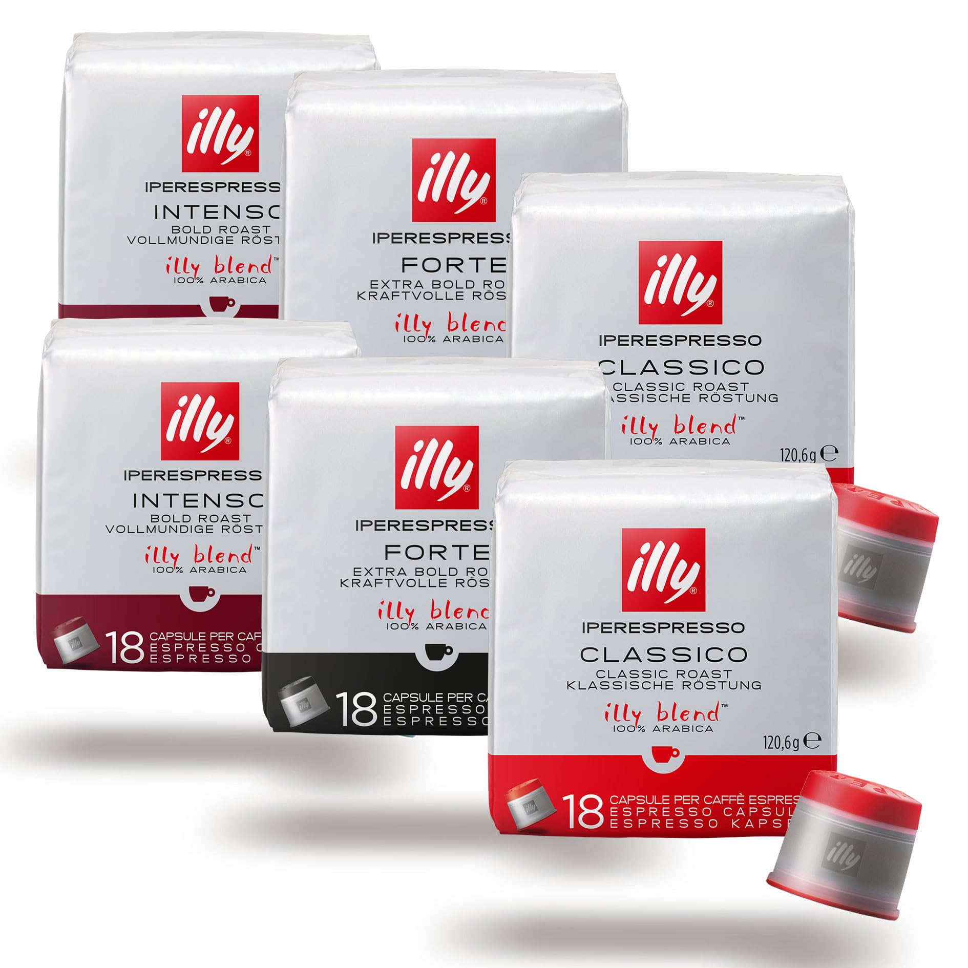 ILLY Selección de 108 Cápsulas de Café para Máquinas Hiperespresso | Surtido de Degustación con 2 Paquetes Clásicos, 2 Paquetes Intenso, 2 Paquetes Fuerte