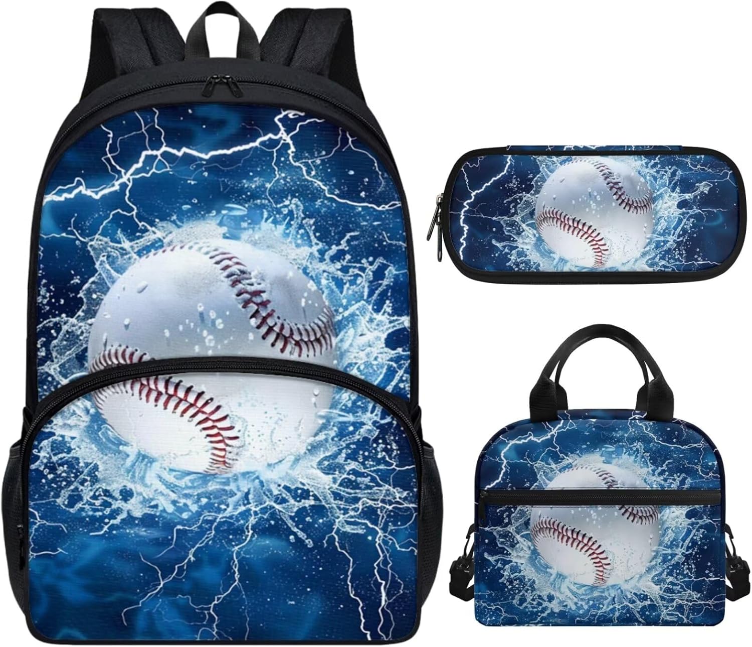 Showudesigns Water Baseball Bookbag and Lunch Box Set for Boys 8-10/10-12 Kids School Bag Elementary Middle School Backpacks Pencil Case Pouch Lunchbag School Supplies Daypack Knapsack