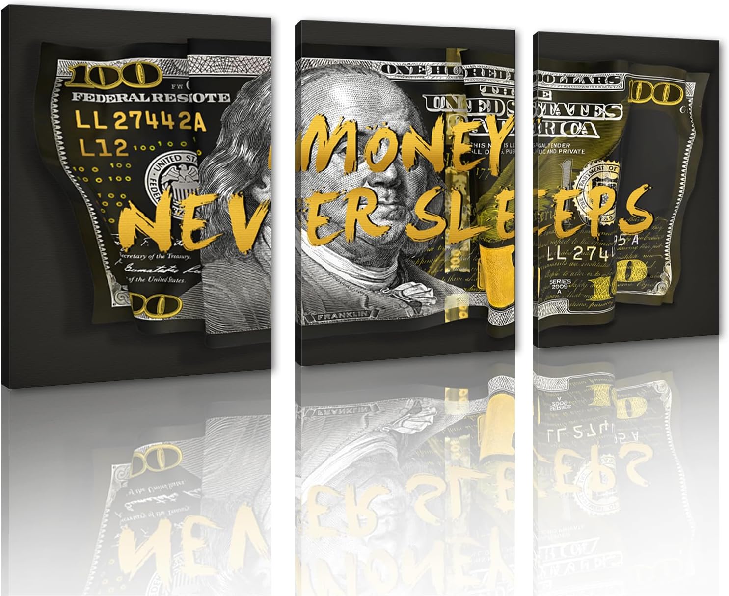 MAMAGO 3 Pieces Black Gold Dollar Canvas Wall Art Inspirational Quotes MONEY NEVER SLEEPS Poster Abstract Money Artwork Modern Living Room Office Wall Decor Framed Easy to Hang-12”x16”x3pcs