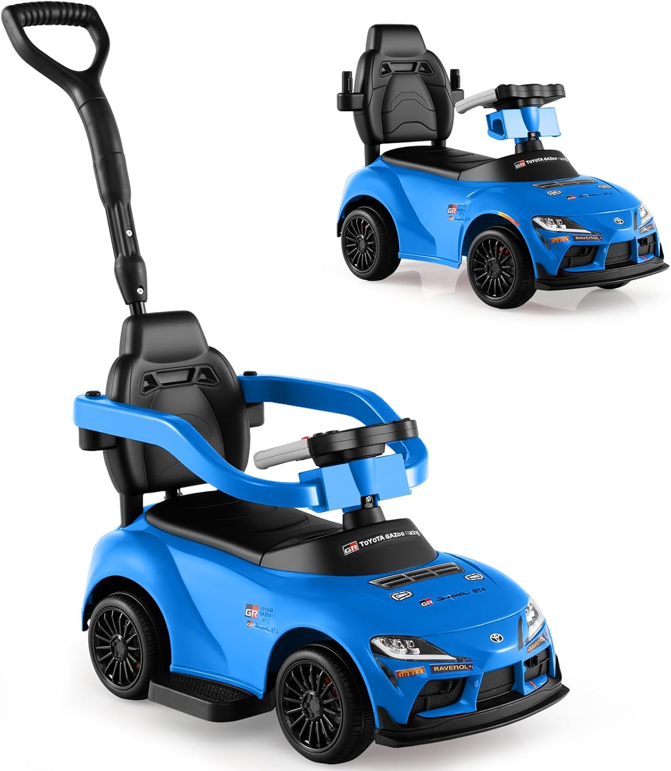 Licensed Toyota Ride on Push Car for Toddlers by INFANS, 3 in 1 Walking Sliding Toy with Removable Guardrails and Handle, Music, Under Seat Storage for Kid (Blue)