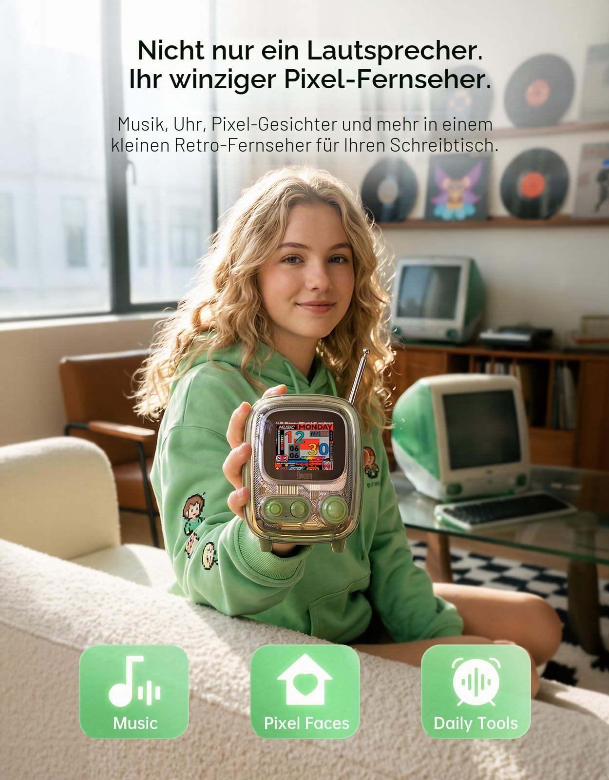 Divoom Tiivoo-2 tragbarer Bluetooth-Lautsprecher mit FM-Radio, Pixel Retro Mini Cute Wireless Speaker, geeignet für Schreibtisch, Büro, Schlafzimmer, Geschenke für Frauen und Männer, grün