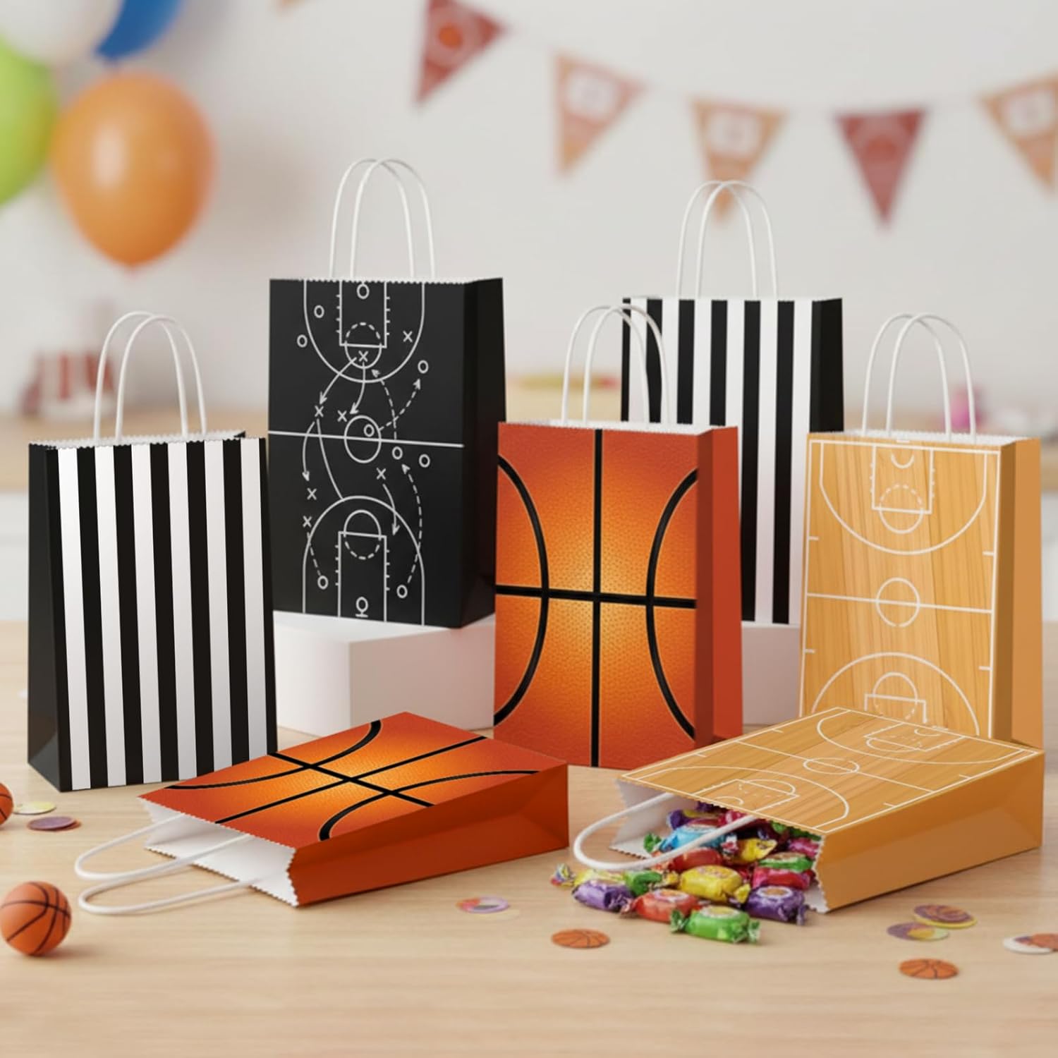 Tosstuki 24 Pcs Basketball Gift Bags with Handles Basketball Party Favor Goodie Gift Candy Treat Snack Bags with 4 Different Types for Sports Theme Birthday Party Supplies - Image 4
