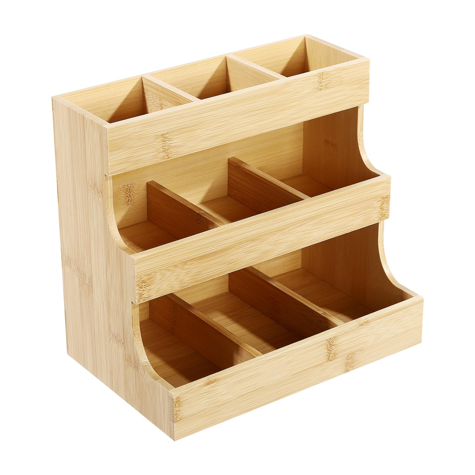 Organizador de bolsas de té de bambú con 9 compartimentos y 3 niveles (27 x 17,5 x 24 cm), capacidad de carga de 5 kg, para casa, oficina y cafetería, diseño sostenible
