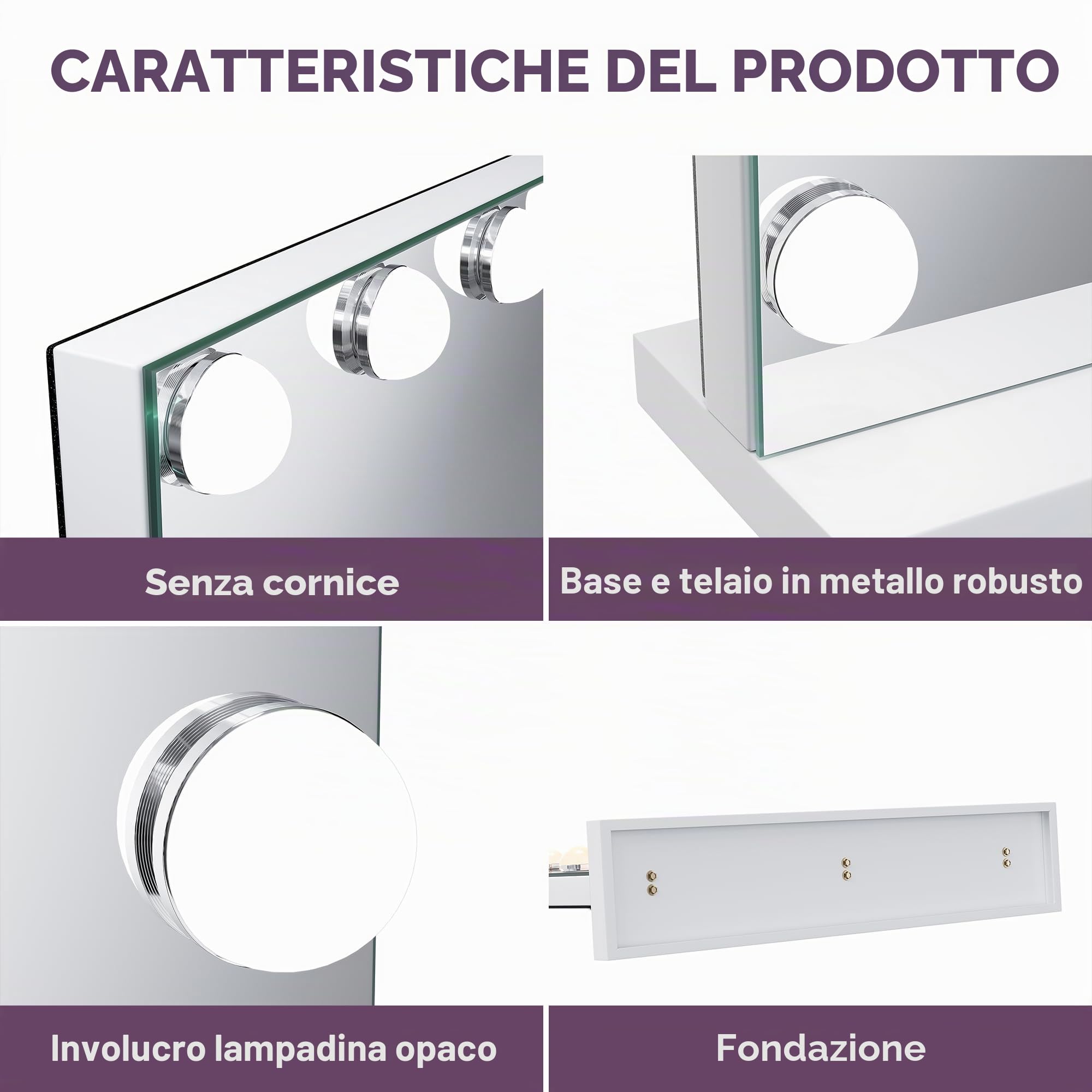 SONNI, Hollywood - Specchio da trucco, 58 x 46 cm, con 3 temperature di colore, 15 lampadine a LED, specchio grande con controllo touch e funzione di memoria della luminosità