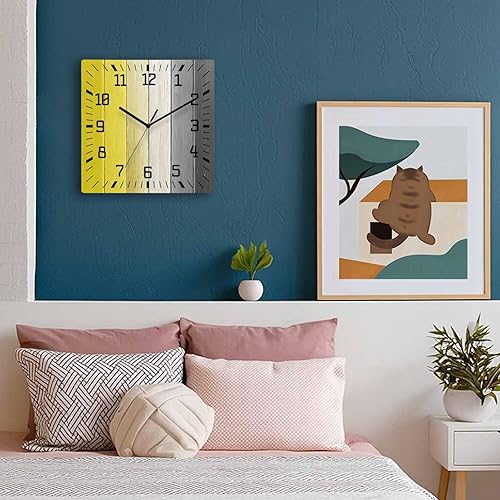 Miniatura 3 de Reloj de pared de madera amarillo negro blanco silencioso, sin tictac, color granja, reloj de pared cuadrado de madera degradado, funciona con