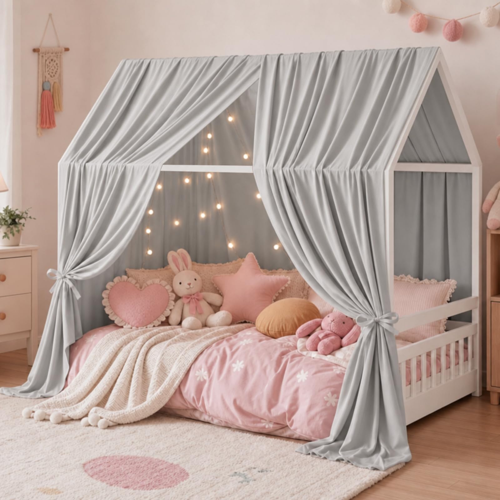 Set di 2 Tenda Letto Bambini, Tenda Letto Montessori Bambini, Baldacchino per Bambine e Ragazzi, Baldacchini in Tessuto, 67 x 270 cm, Grigio Chiaro