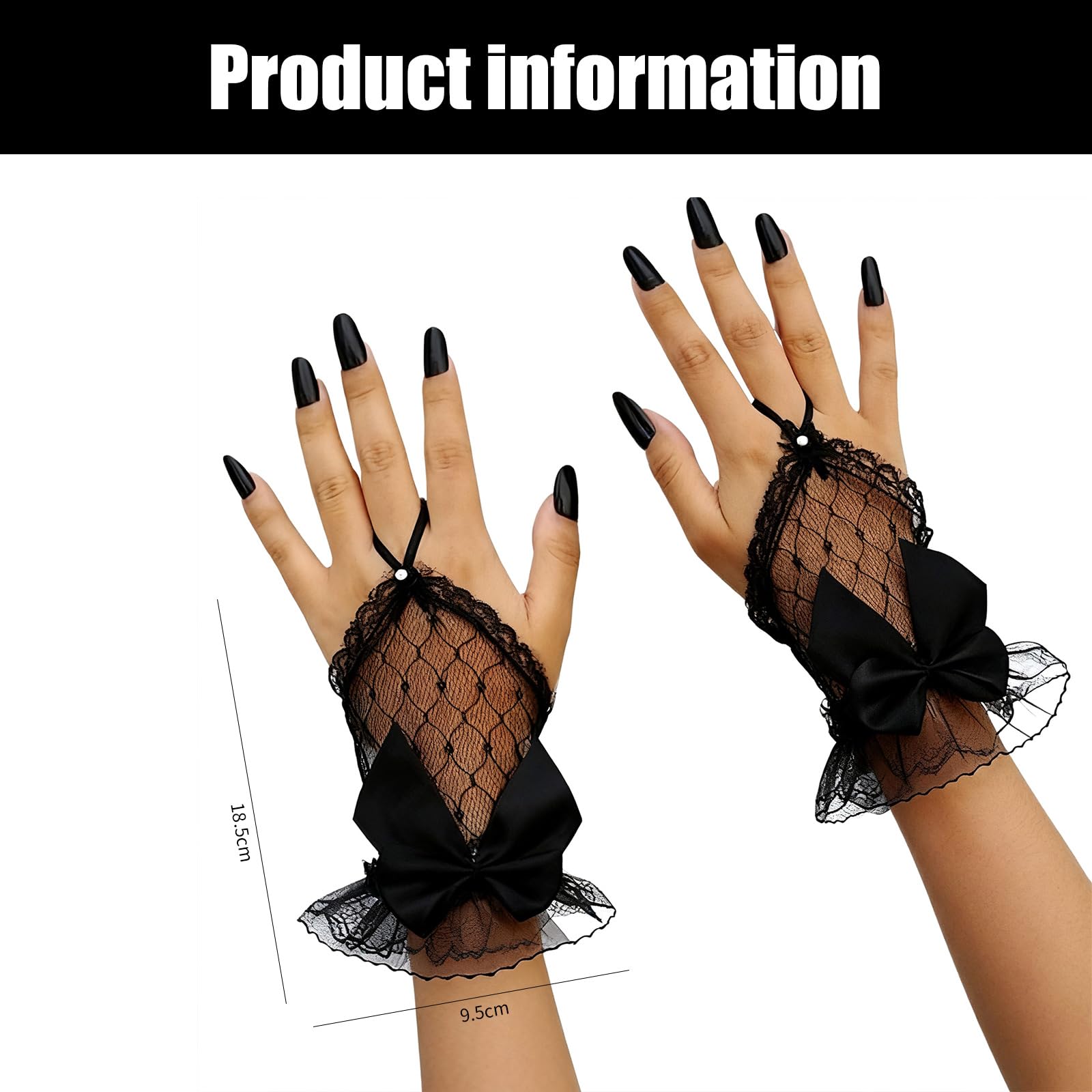 Women's Bow Fingerless Lace Gloves Mesh Sheer Gothic Gloves for Tea Party, Black - Image 2