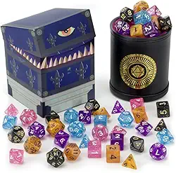 Wiz Dice Cup of Wonder: 5 conjuntos de 7 dados poliédricos com glitter premium para RPGs de mesa com copo de dados de couro bicast preto