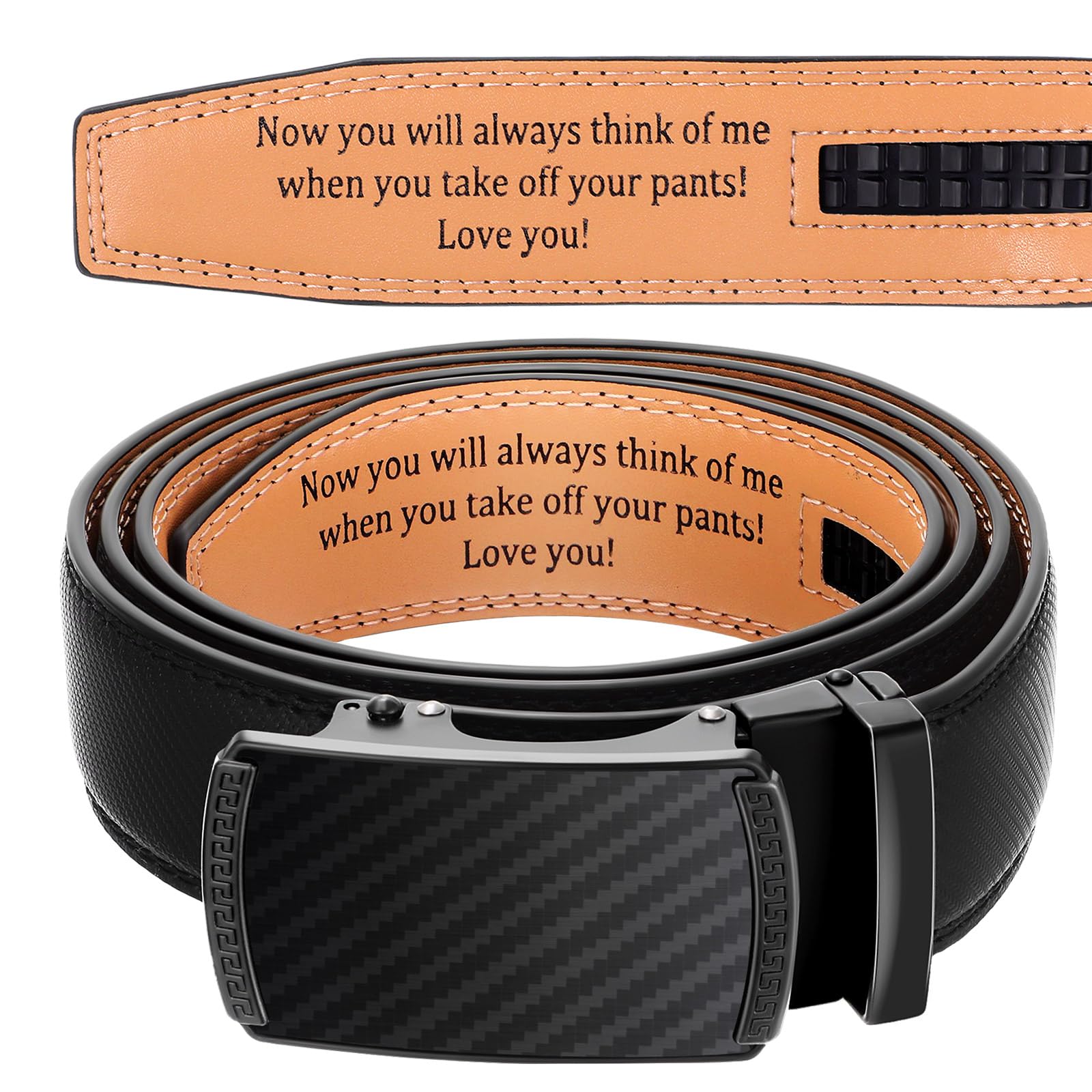 Bunnycool Engraved Mens Belt Leather Slide Ratchet Personalized Belts for Men with Buckle for Him Father's Day Gift Husband(36-42inch,Classic Style,Black Brown)