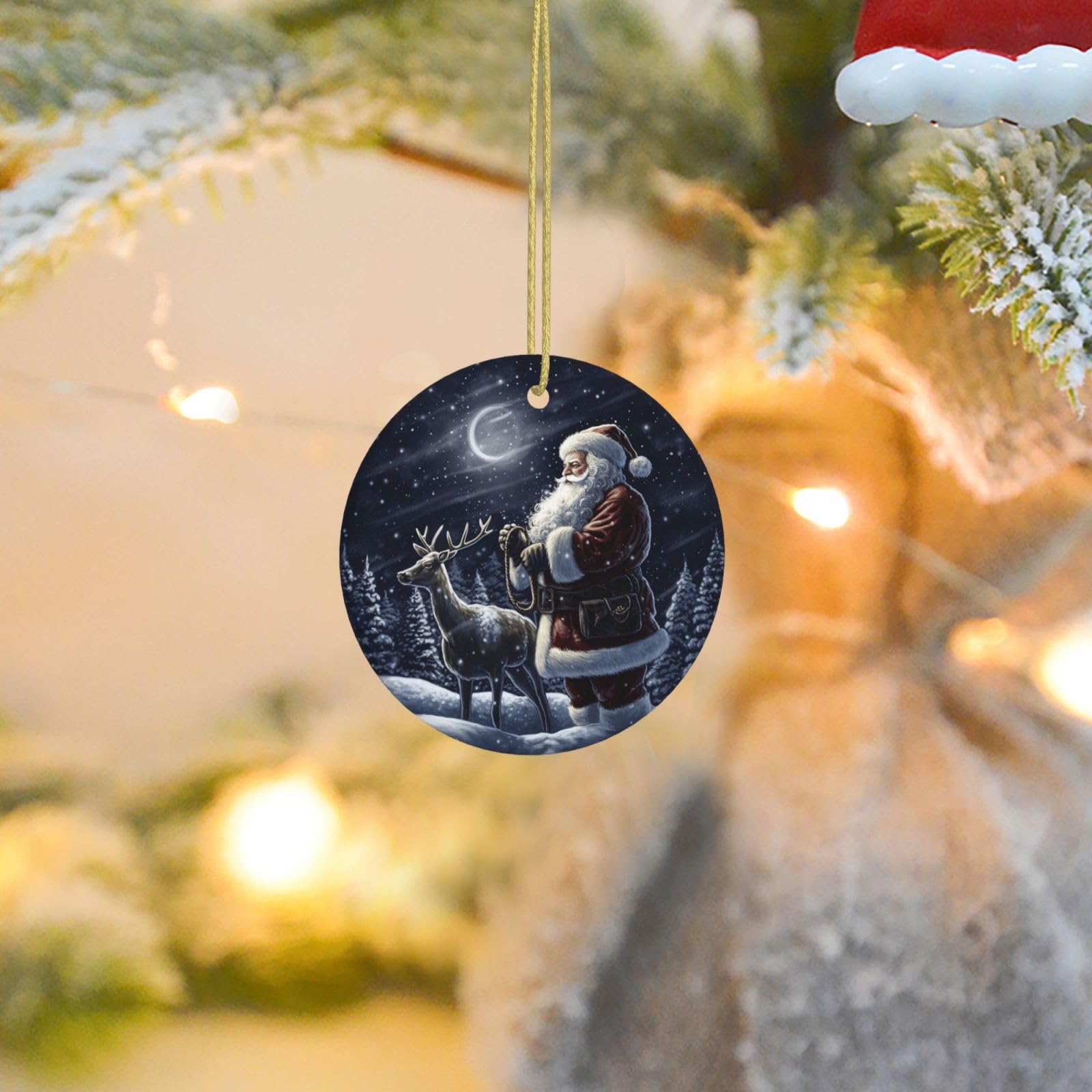 Christmas Tree Ornaments Ceramics Christmas Round Decorations Night Santa Ceramics Ornaments Circle Pentagram Xmas Tree Hanging Pendant for Christmas Tree Party Holiday Home Decor