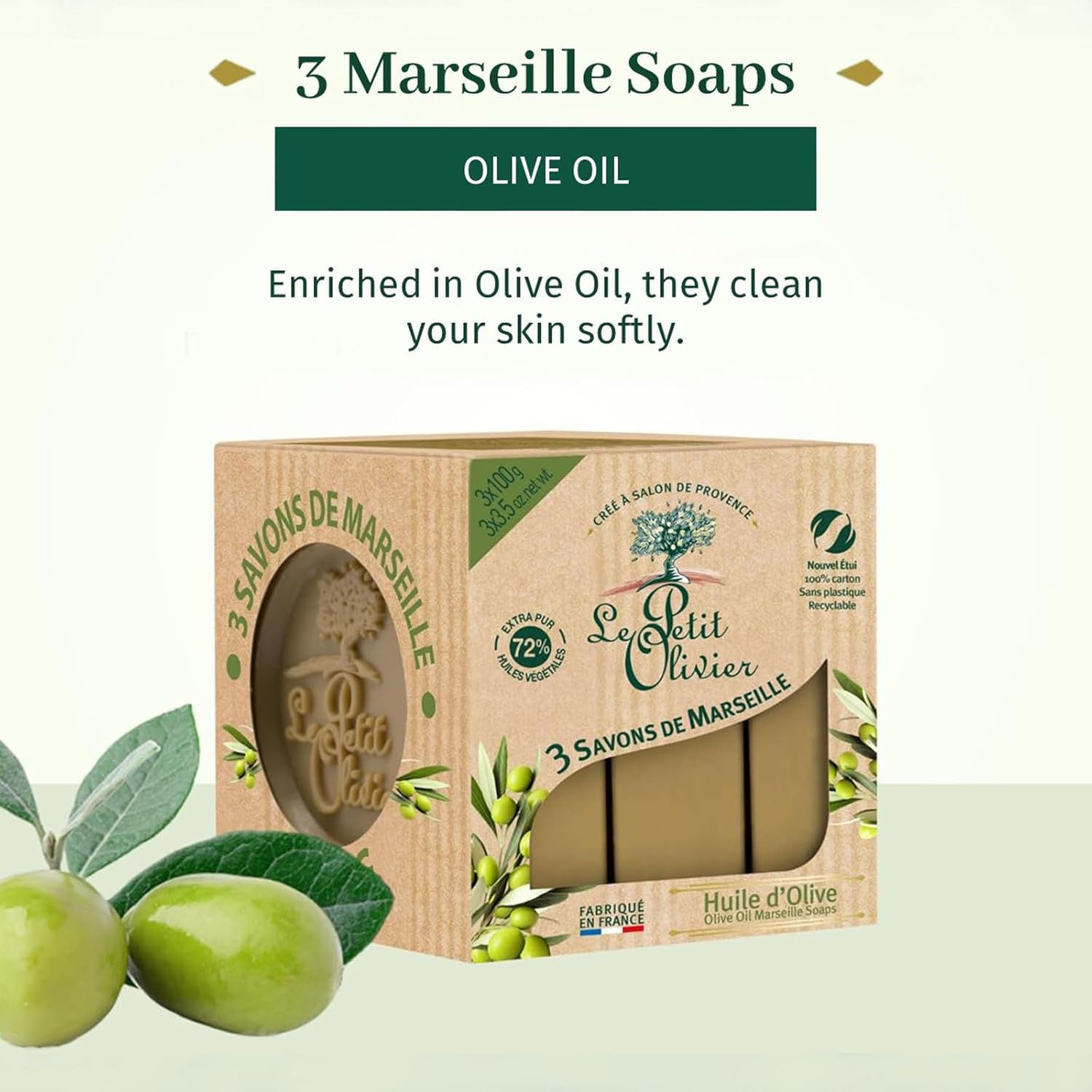 Le Petit Olivier Olive Oil Marseille Soaps, 3 x 3.5 oz - Enriched with Olive Oil and Natural Extracts - Mild and Gentle - Cruelty-Free - Paraben-Free - Natural Soap