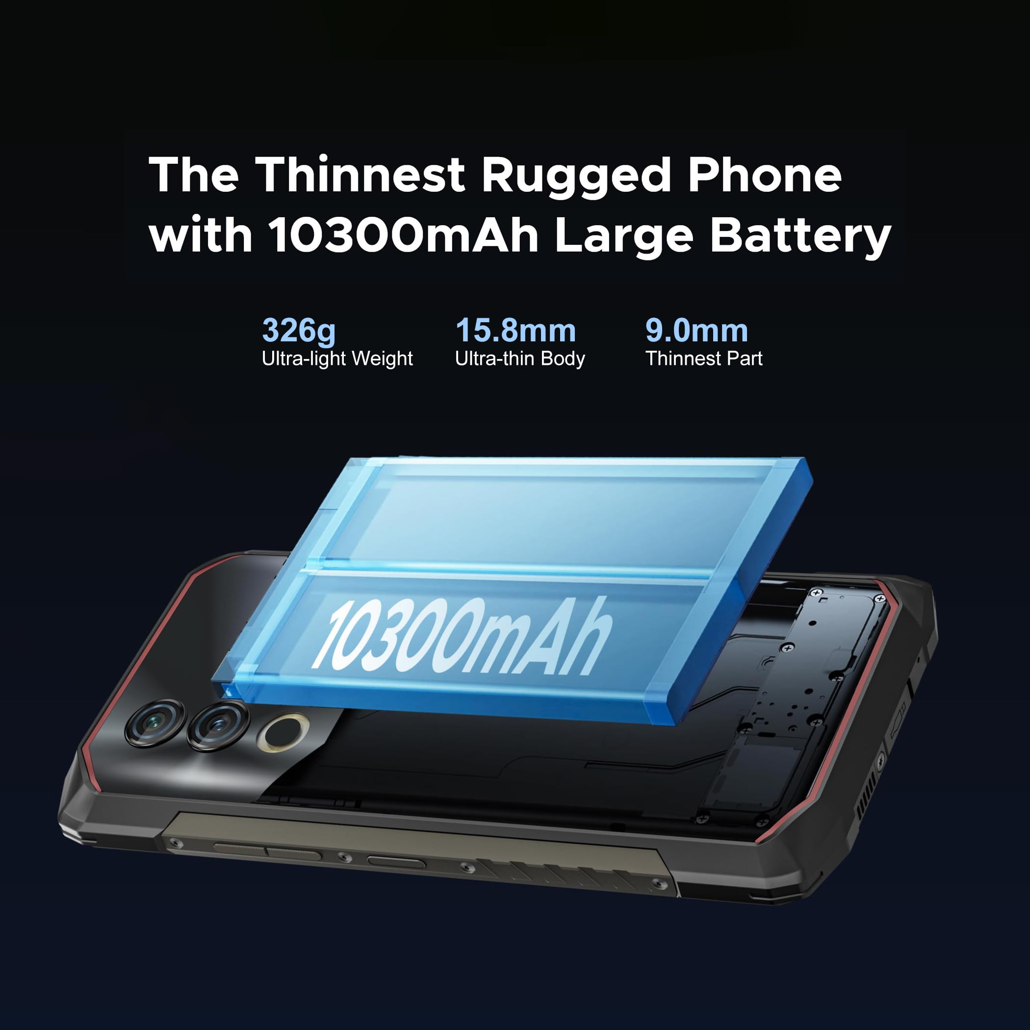 DOOGEE Blade10 Power Rugged Smartphone, 10300mAh, 24GB RAM + 256GB ROM, Display 6.6 Pollici HD+ 90Hz, AI Camera 50MP, Octa-Core, Android 14, Dual SIM, NFC, Unlock, 2024 - Nero