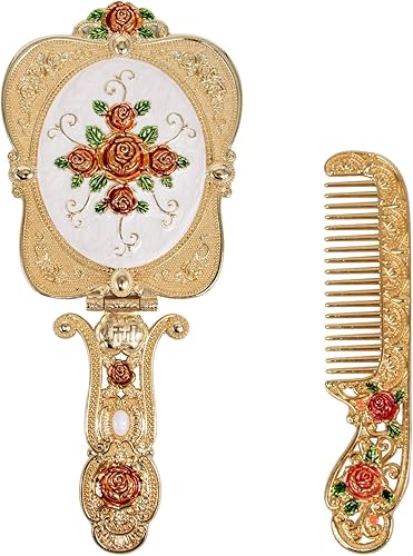 YUSONG Espejo de maquillaje, juego de peine de mano vintage plegable de mano, espejo antiguo para viajes, espejo de tocador pequeño, espejo de mano