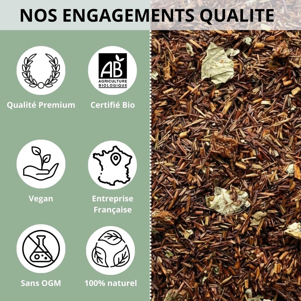 Organiczna herbata Rooibos o smaku wanilii i truskawki – sypana, wegańska, czerwona, w 100% naturalna, bez GMO – z upraw ekologicznych – pakowana we Francji – worek 1 kg (500 filiżanek)