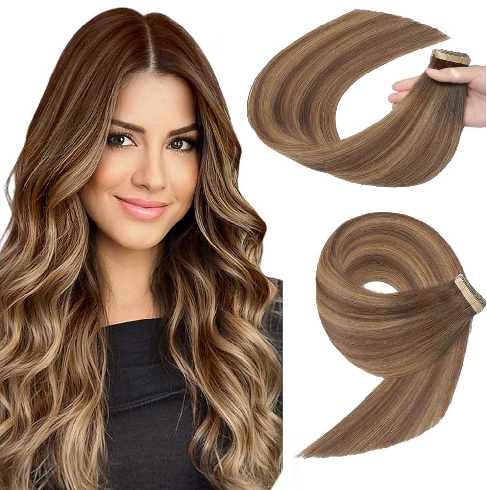 YDDM Tape Extensions Echthaar Goldbraun 40pcs 50cm 100g Schokoladenbraun mit Karamellblond Remy Invisible Tape in Extensions Echthaar Seidig Gerade Tapes Ins Haarverlängerung(20Zoll,4/4/27#)