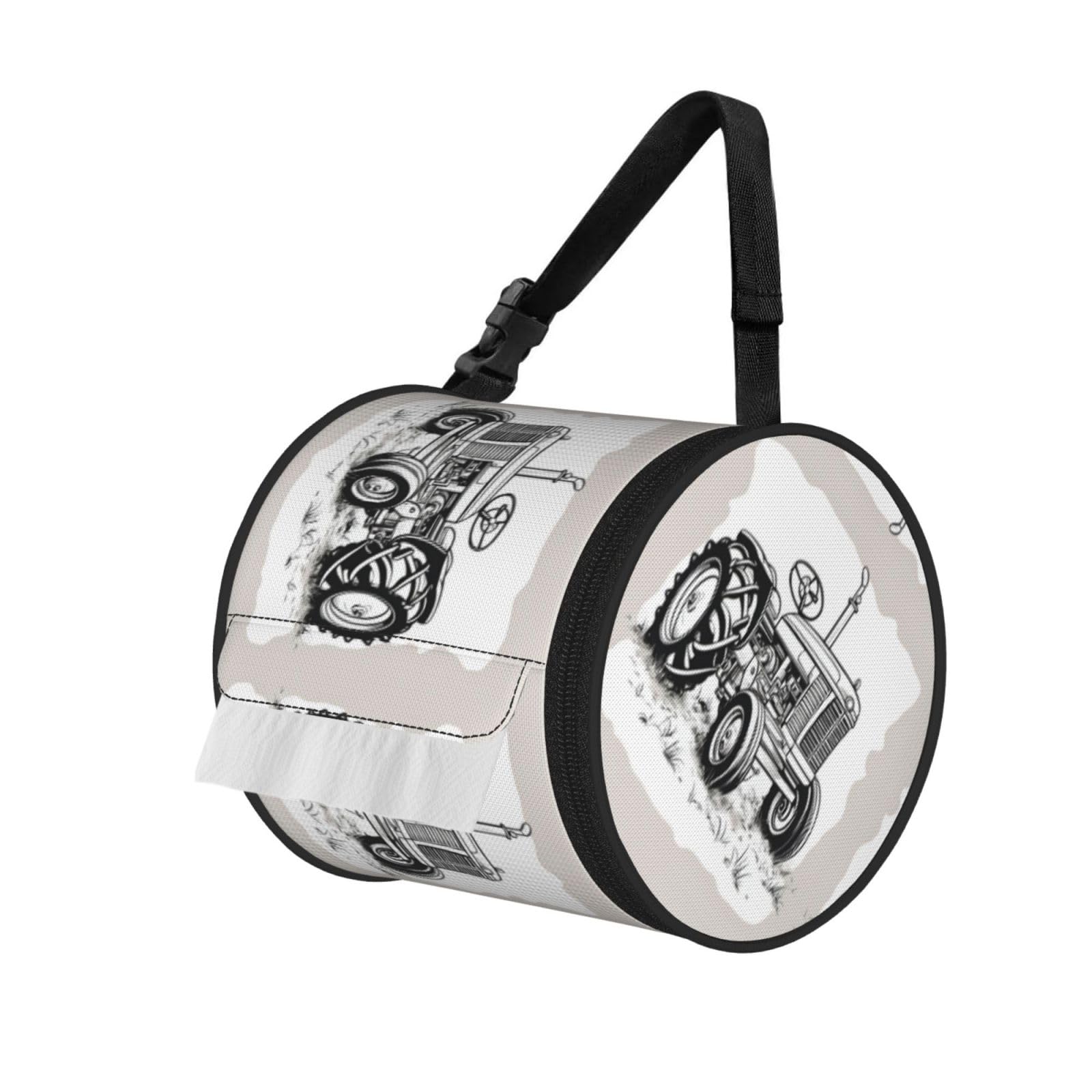 Jiuty Black Cartoon Tractor Print Cylinder Tissue Organizer Bag With Strap, Portable Toilet Roll Holder For Camping Car