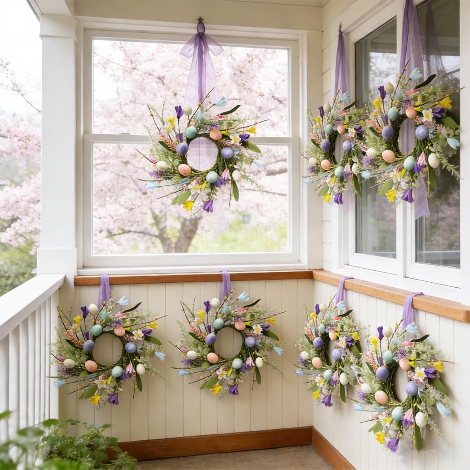 6 Pcs Small Easter Hanging Wreaths for Cabinets with Eggs and Flowers Spring Mini Candle Rings Wreath for Home Kitchen Front Door Window Porch Wall Wedding Pillar Candle Holder Table Cnterpieces Decor - Image 5