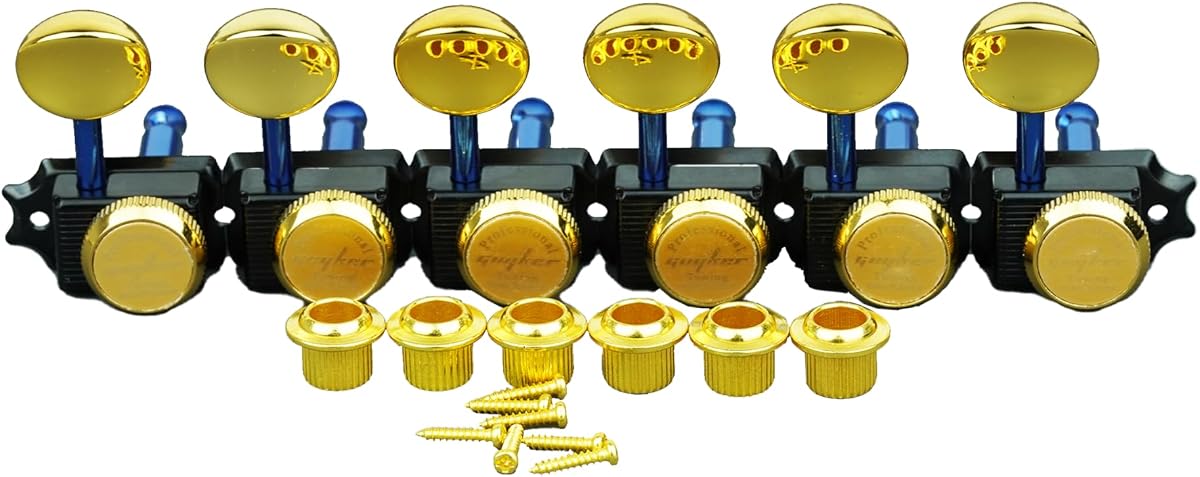 Guyker 6 Inline Vintage Guitar Lock String Tuners – Locking Tuning Key Pegs Machine Heads Replacement Parts for ST TL Style Electric, Folk or Acoustic Guitars – GK55SP, Black+Gold