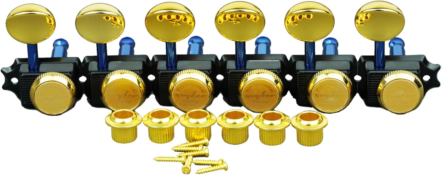 Guyker 6 Inline Vintage Guitar Lock String Tuners – Locking Tuning Key Pegs Machine Heads Replacement Parts for ST TL Style Electric, Folk or Acoustic Guitars – GK55SP, Black+Gold